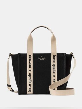 kate spade Kip Black small Canvas Tote crossbody bag with Cream Logo Straps
